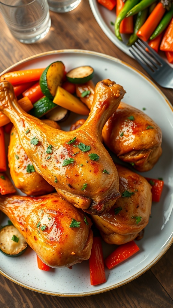 Baked chicken drumsticks on a plate with roasted vegetables, garnished with herbs.